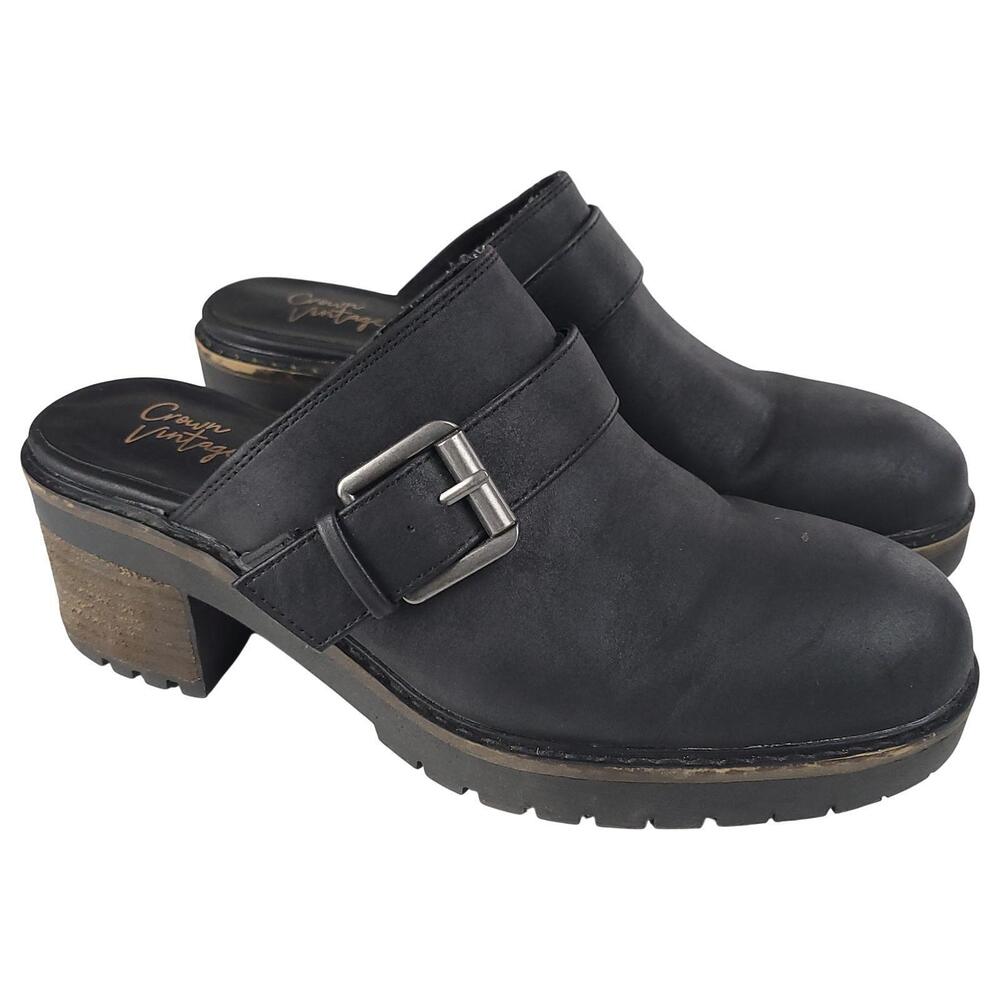 Crown Vintage Janis Mules 9M Black Faux Leather Slip On Block Heel Buckles